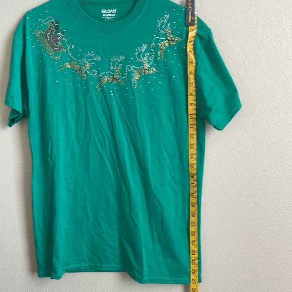Gildan DryBlend Christmas Santa with Reindeer Bedazzled Tee Shirt - Picture 8 of 8
